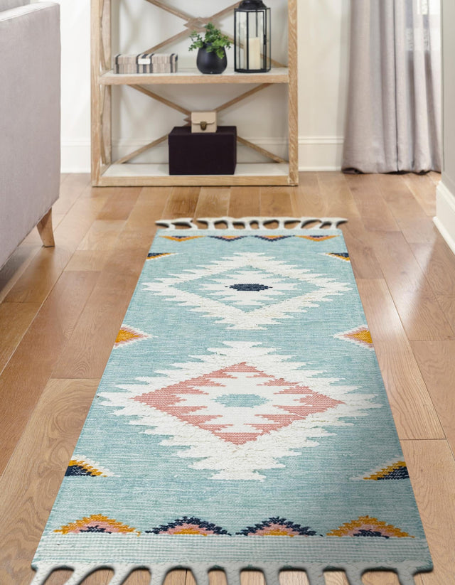 Light Aqua 2' 7 x 10' Mesa Runner Area Rug 100% Wool Geometric All Natural Carpet for Living, Dining, Office, Bedrooms, Dorms, Kitchens for Sale at Rug Engine