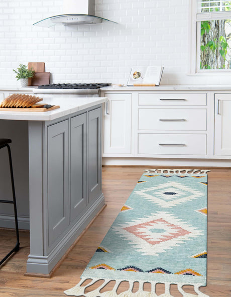 Light Aqua 2' 7 x 13' 1 Mesa Runner Area Rug 100% Wool Geometric All Natural Carpet for Living, Dining, Office, Bedrooms, Dorms, Kitchens for Sale at Rug Engine