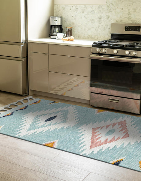 Light Aqua 2' 7 x 10' Mesa Runner Area Rug 100% Wool Geometric All Natural Carpet for Living, Dining, Office, Bedrooms, Dorms, Kitchens for Sale at Rug Engine