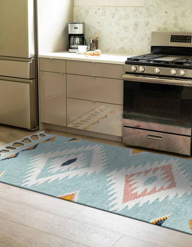 Light Aqua 2' 7 x 10' Mesa Runner Area Rug 100% Wool Geometric All Natural Carpet for Living, Dining, Office, Bedrooms, Dorms, Kitchens for Sale at Rug Engine