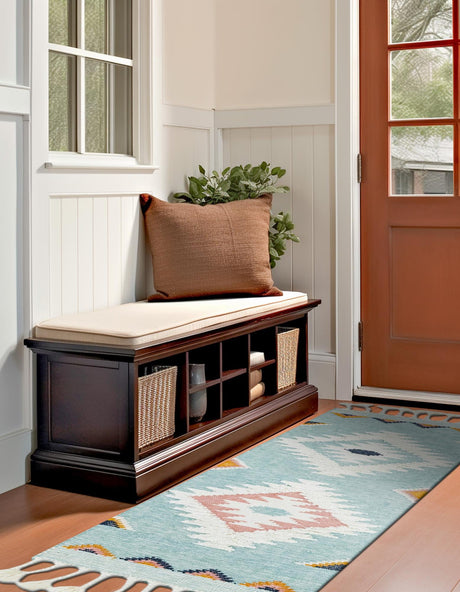 Light Aqua 2' 7 x 13' 1 Mesa Runner Area Rug 100% Wool Geometric All Natural Carpet for Living, Dining, Office, Bedrooms, Dorms, Kitchens for Sale at Rug Engine