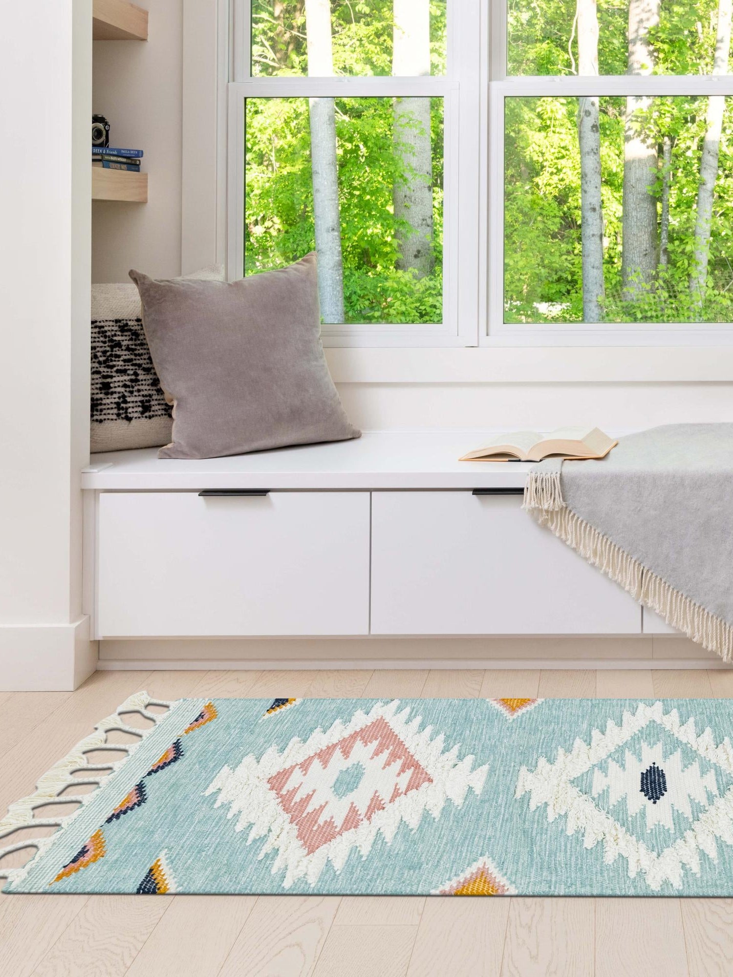 Light Aqua 2' 7 x 13' 1 Mesa Runner Area Rug 100% Wool Geometric All Natural Carpet for Living, Dining, Office, Bedrooms, Dorms, Kitchens for Sale at Rug Engine