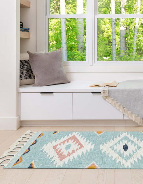Light Aqua 2' 7 x 13' 1 Mesa Runner Area Rug 100% Wool Geometric All Natural Carpet for Living, Dining, Office, Bedrooms, Dorms, Kitchens for Sale at Rug Engine