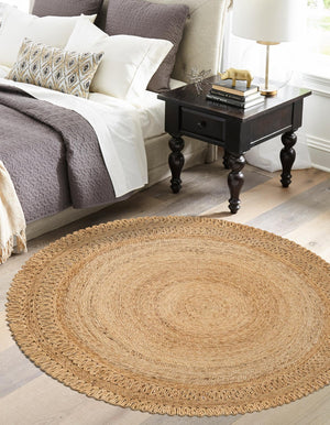 Natural 5' 1 x 5' 1 Braided Jute Round Area Rug 100% Jute Hand Braided Natural Eco-Friendly Boho Style Carpet for Living Rooms Dining Office Space Dorms for Sale at Rug Engine