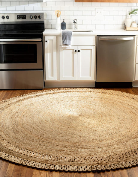 Natural 8' x 8' Braided Jute Round Area Rug 100% Jute Hand Braided Natural Eco-Friendly Boho Style Carpet for Living Rooms Dining Office Space Dorms for Sale at Rug Engine