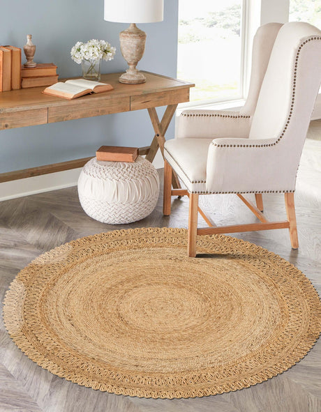 Natural 5' 1 x 5' 1 Braided Jute Round Area Rug 100% Jute Hand Braided Natural Eco-Friendly Boho Style Carpet for Living Rooms Dining Office Space Dorms for Sale at Rug Engine