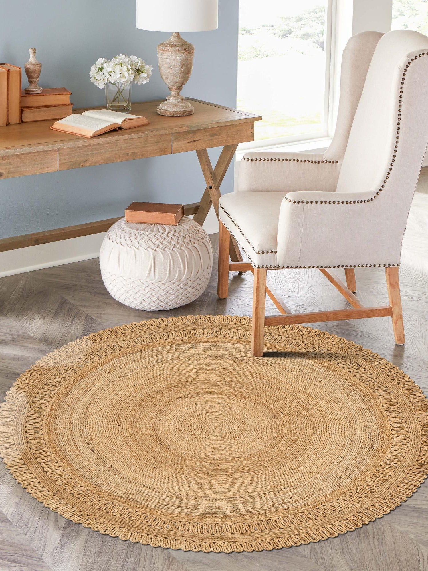 Natural 8' x 8' Braided Jute Round Area Rug 100% Jute Hand Braided Natural Eco-Friendly Boho Style Carpet for Living Rooms Dining Office Space Dorms for Sale at Rug Engine