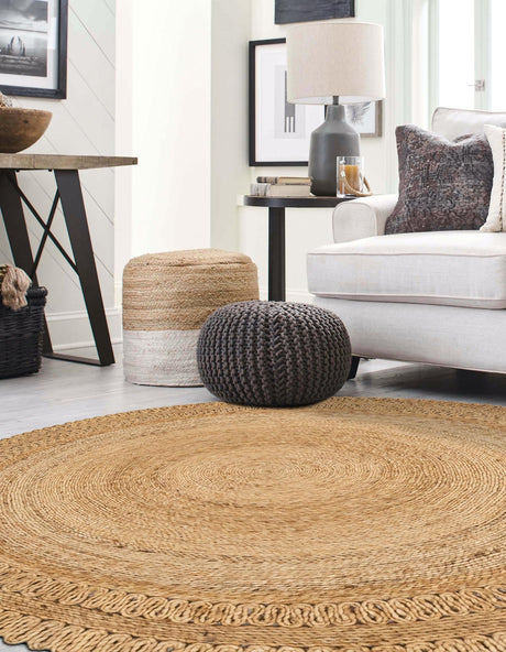 Natural 8' x 8' Braided Jute Round Area Rug 100% Jute Hand Braided Natural Eco-Friendly Boho Style Carpet for Living Rooms Dining Office Space Dorms for Sale at Rug Engine