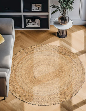 Natural 5' 1 x 5' 1 Braided Jute Round Area Rug 100% Jute Hand Braided Natural Eco-Friendly Boho Style Carpet for Living Rooms Dining Office Space Dorms for Sale at Rug Engine
