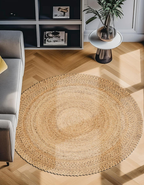 Natural 8' x 8' Braided Jute Round Area Rug 100% Jute Hand Braided Natural Eco-Friendly Boho Style Carpet for Living Rooms Dining Office Space Dorms for Sale at Rug Engine