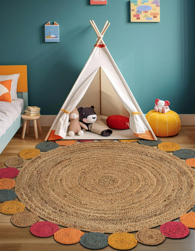 Natural 6' 1 x 6' 1 Braided Jute Round Area Rug 100% Jute Hand Braided Natural Eco-Friendly Boho Style Carpet for Living Rooms Dining Office Space Dorms for Sale at Rug Engine