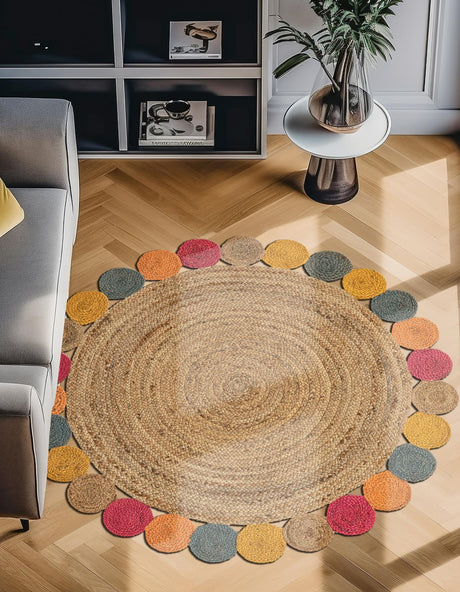 Natural 3' 3 x 3' 3 Braided Jute Round Area Rug 100% Jute Hand Braided Natural Eco-Friendly Boho Style Carpet for Living Rooms Dining Office Space Dorms for Sale at Rug Engine