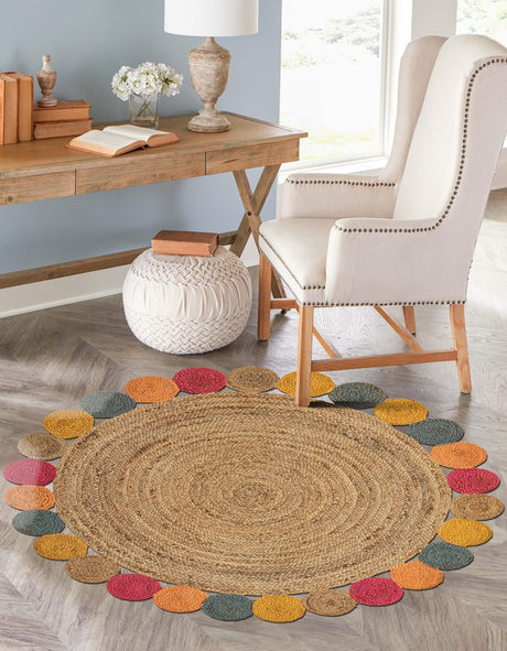 Natural 5' 1 x 5' 1 Braided Jute Round Area Rug 100% Jute Hand Braided Natural Eco-Friendly Boho Style Carpet for Living Rooms Dining Office Space Dorms for Sale at Rug Engine
