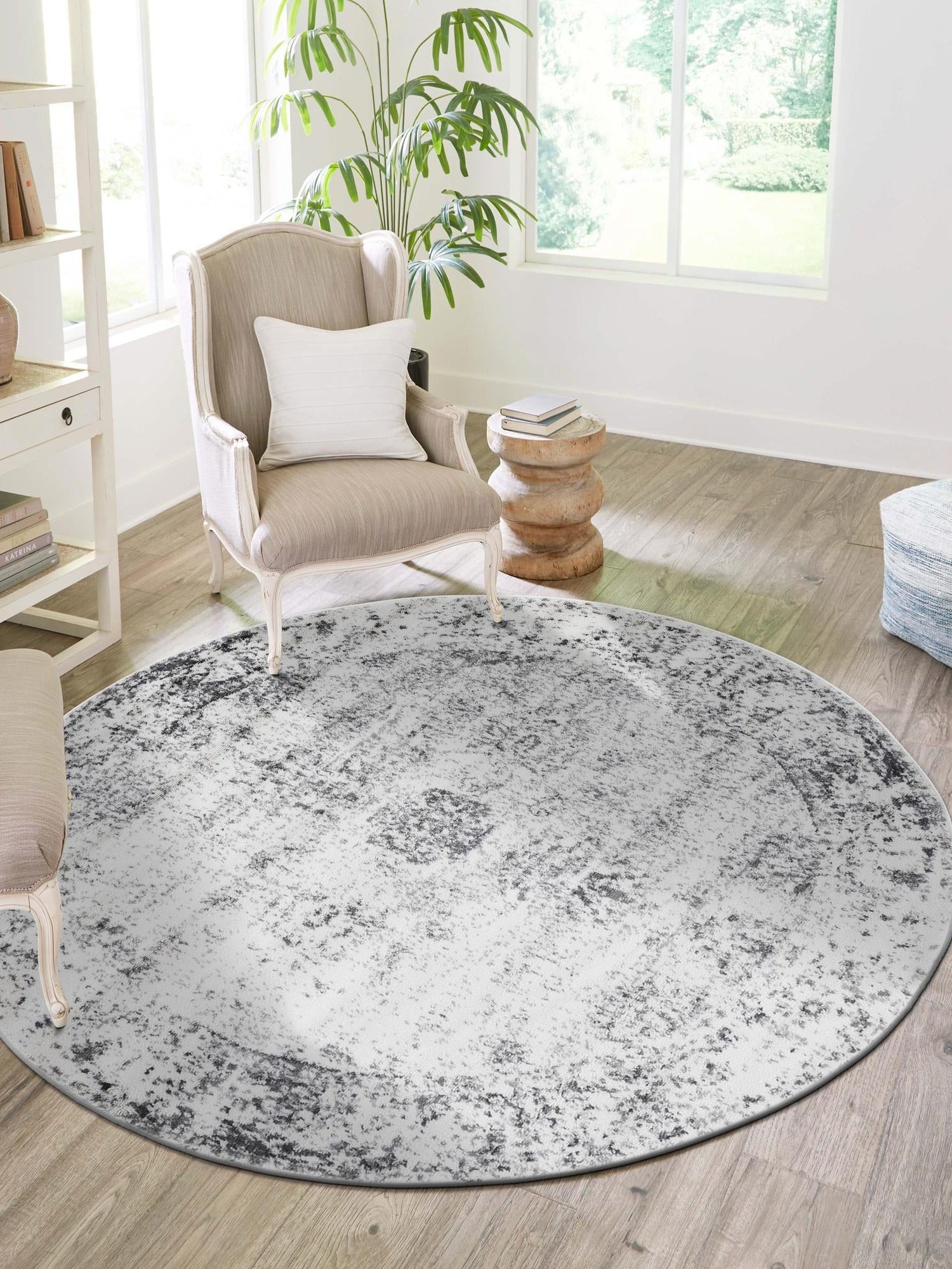 Gray 6' 1 x 6' 1 Sofia Round Area Rug Durable Easy Clean Stain Resistant Unique Carpet for Affordable Interior Home Design for Sale at Rug Engine