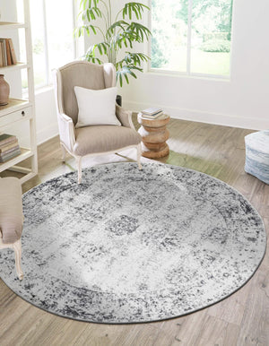 Gray 6' 1 x 6' 1 Sofia Round Area Rug Durable Easy Clean Stain Resistant Unique Carpet for Affordable Interior Home Design for Sale at Rug Engine