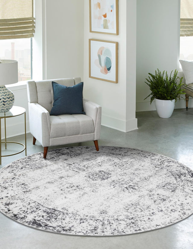 Gray 6' 1 x 6' 1 Sofia Round Area Rug Durable Easy Clean Stain Resistant Unique Carpet for Affordable Interior Home Design for Sale at Rug Engine