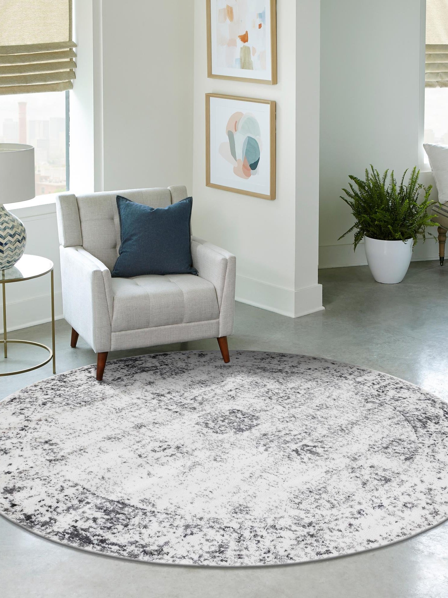 Gray 4' 1 x 4' 1 Sofia Round Area Rug Durable Easy Clean Stain Resistant Unique Carpet for Affordable Interior Home Design for Sale at Rug Engine