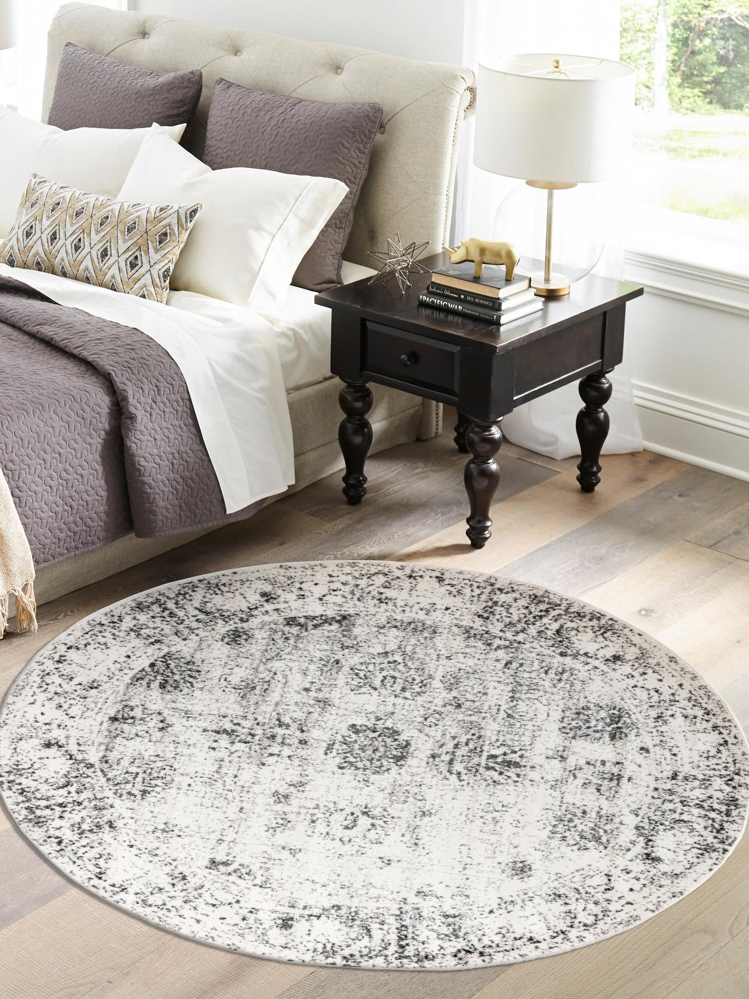 Gray 6' 1 x 6' 1 Sofia Round Area Rug Durable Easy Clean Stain Resistant Unique Carpet for Affordable Interior Home Design for Sale at Rug Engine