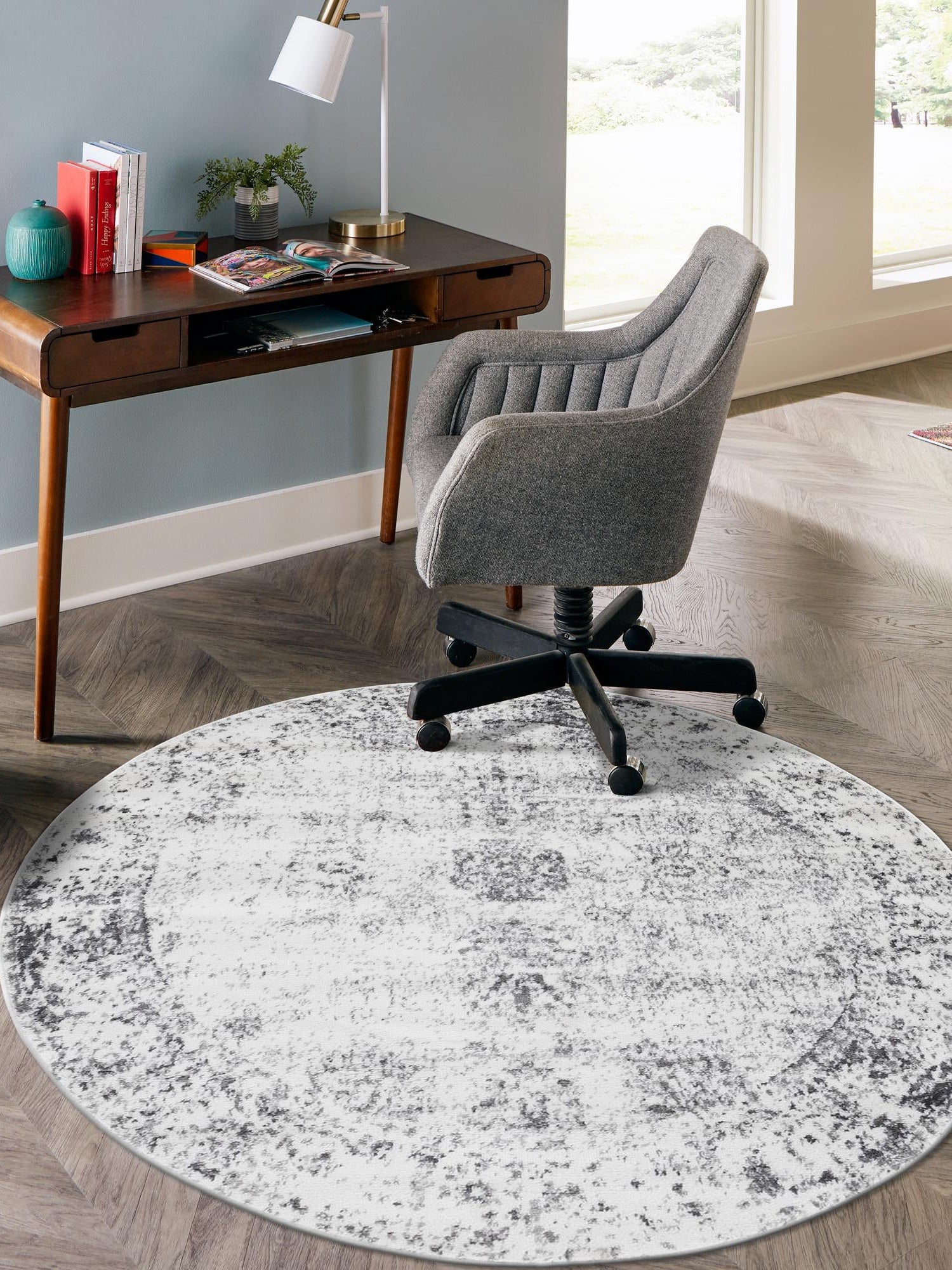 Gray 4' 1 x 4' 1 Sofia Round Area Rug Durable Easy Clean Stain Resistant Unique Carpet for Affordable Interior Home Design for Sale at Rug Engine