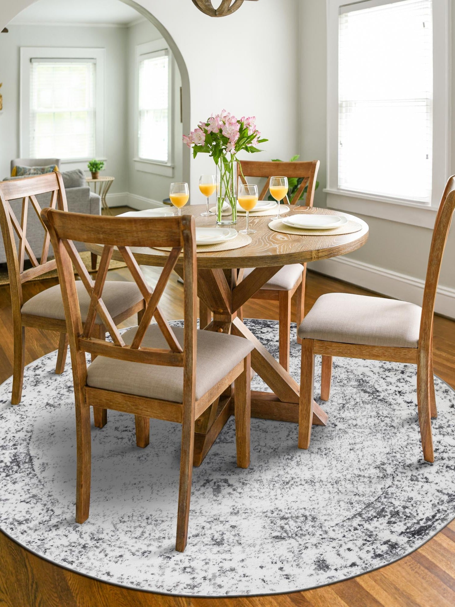 Gray 4' 1 x 4' 1 Sofia Round Area Rug Durable Easy Clean Stain Resistant Unique Carpet for Affordable Interior Home Design for Sale at Rug Engine