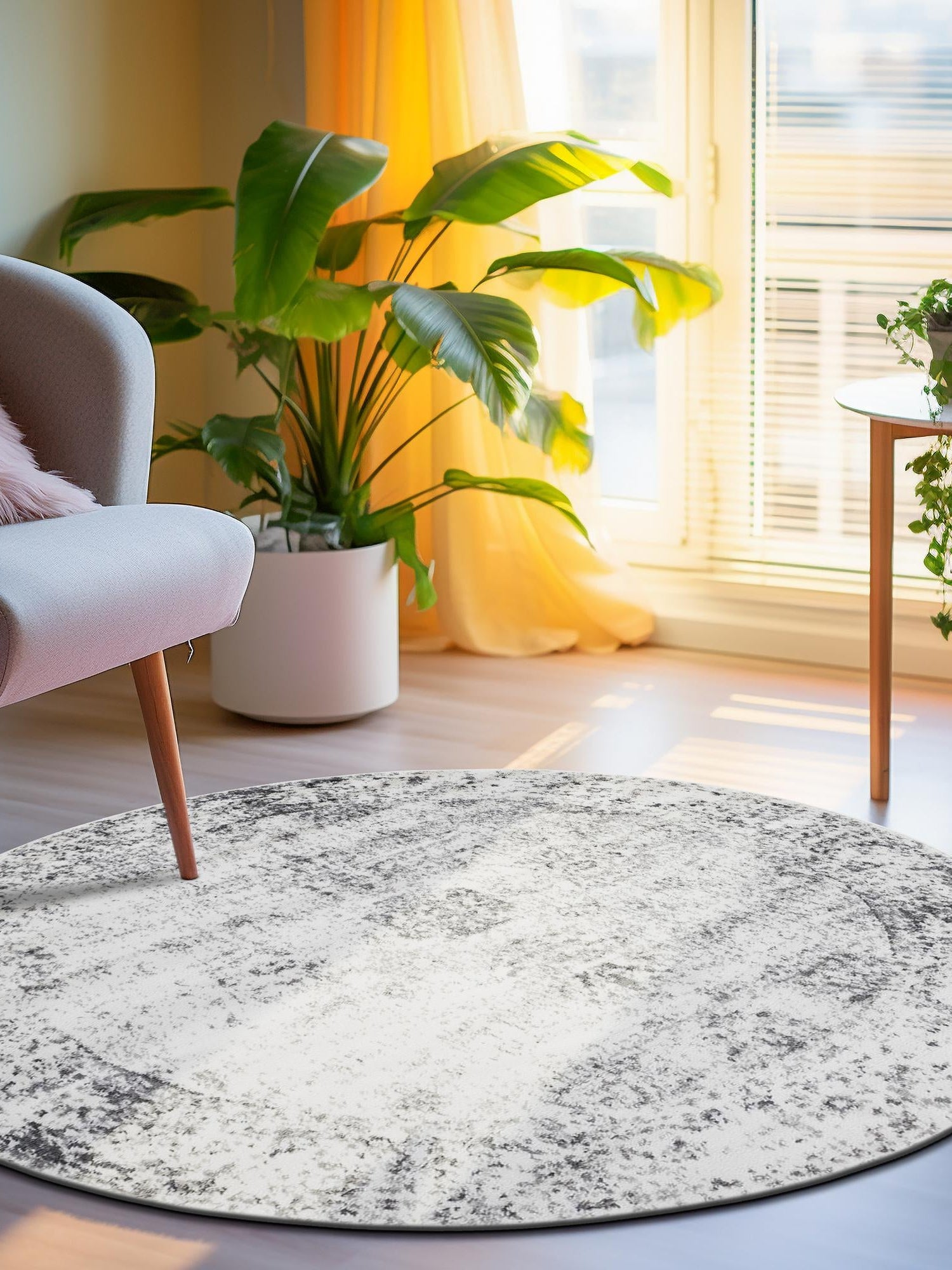 Gray 6' 1 x 6' 1 Sofia Round Area Rug Durable Easy Clean Stain Resistant Unique Carpet for Affordable Interior Home Design for Sale at Rug Engine