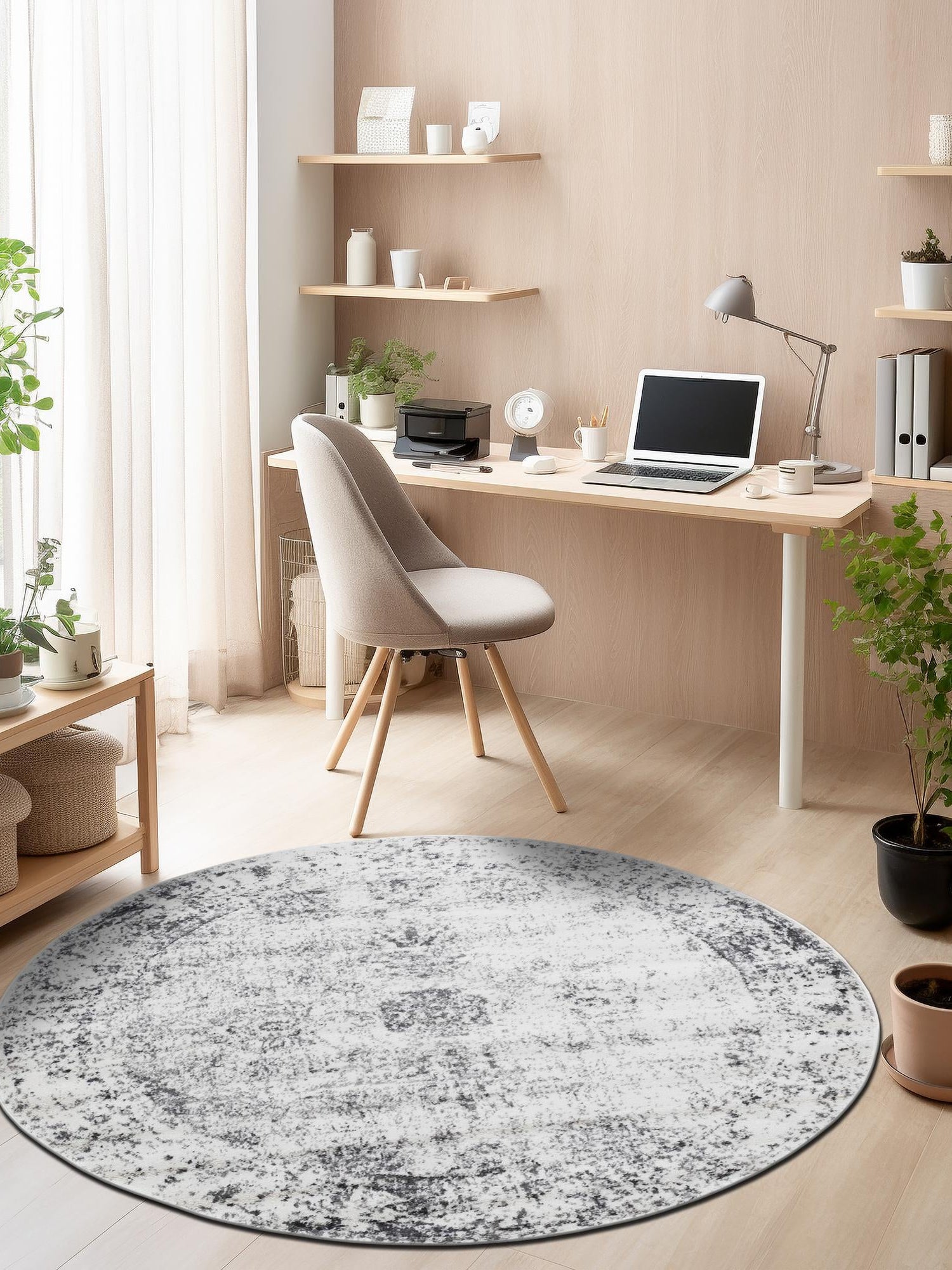 Gray 6' 1 x 6' 1 Sofia Round Area Rug Durable Easy Clean Stain Resistant Unique Carpet for Affordable Interior Home Design for Sale at Rug Engine