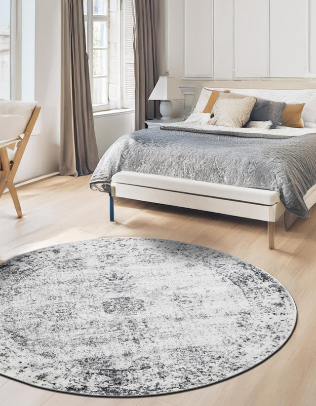 Gray 6' 1 x 6' 1 Sofia Round Area Rug Durable Easy Clean Stain Resistant Unique Carpet for Affordable Interior Home Design for Sale at Rug Engine