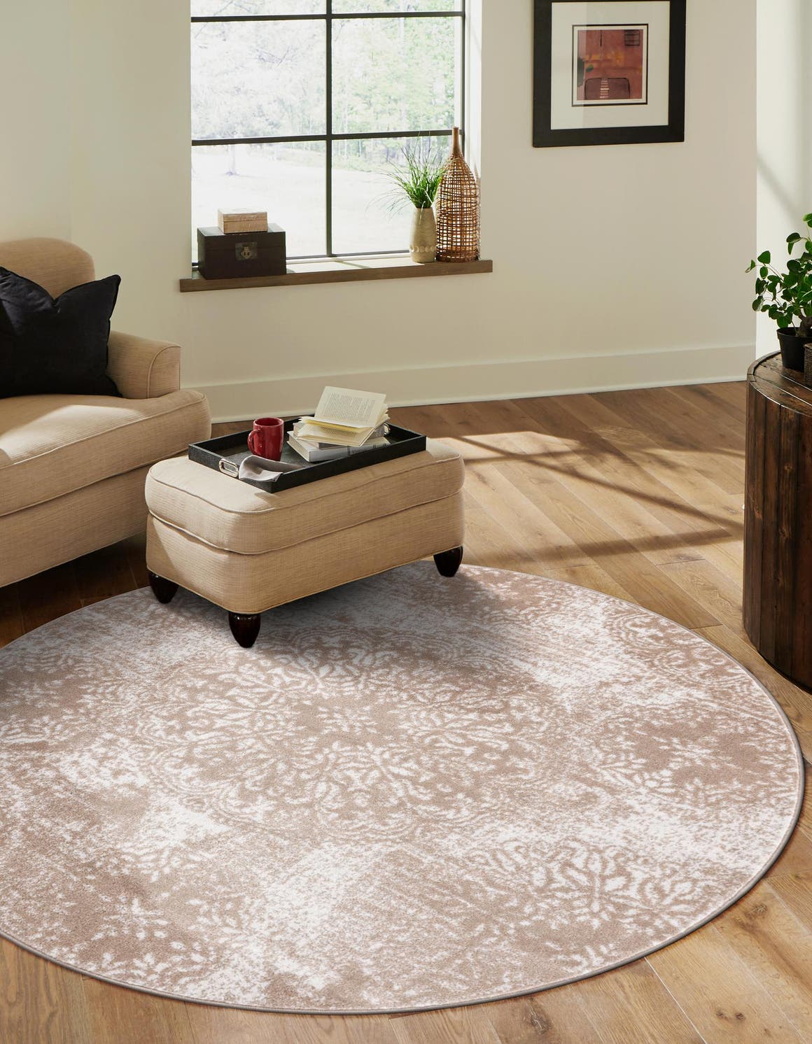 Beige 7' 1 x 7' 1 Sofia Round Area Rug Durable Easy Clean Stain Resistant Unique Carpet for Affordable Interior Home Design for Sale at Rug Engine