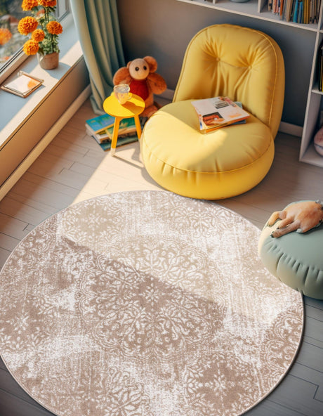 Beige 7' 1 x 7' 1 Sofia Round Area Rug Durable Easy Clean Stain Resistant Unique Carpet for Affordable Interior Home Design for Sale at Rug Engine