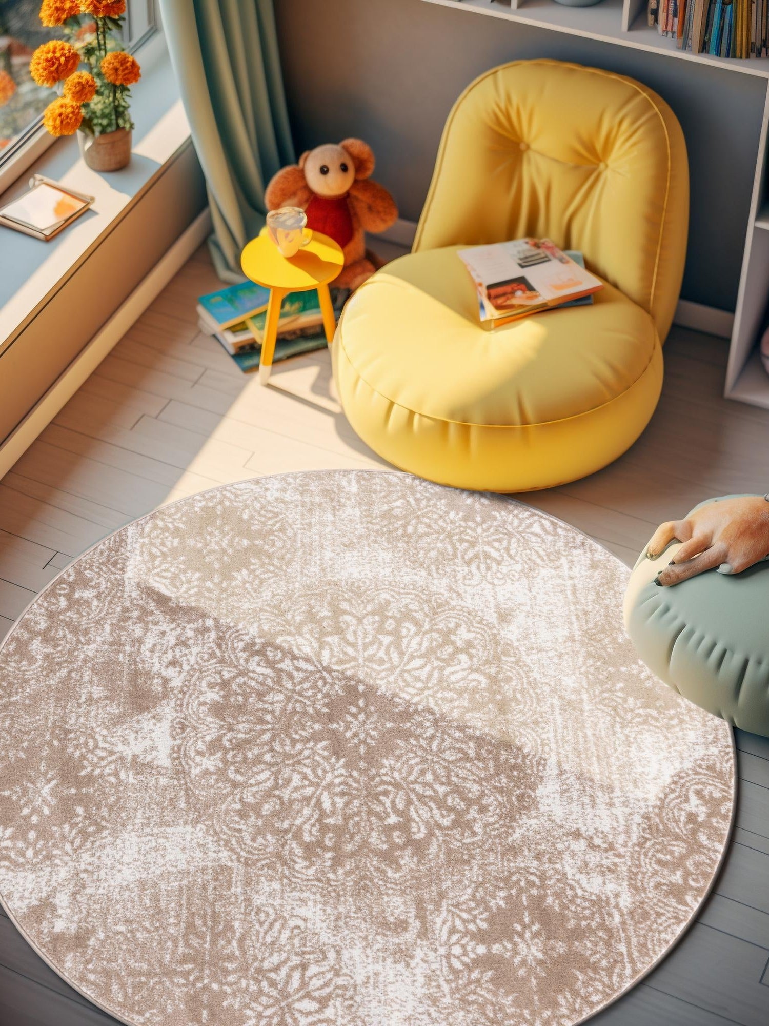 Beige 5' 3 x 5' 3 Sofia Round Area Rug Durable Easy Clean Stain Resistant Unique Carpet for Affordable Interior Home Design for Sale at Rug Engine