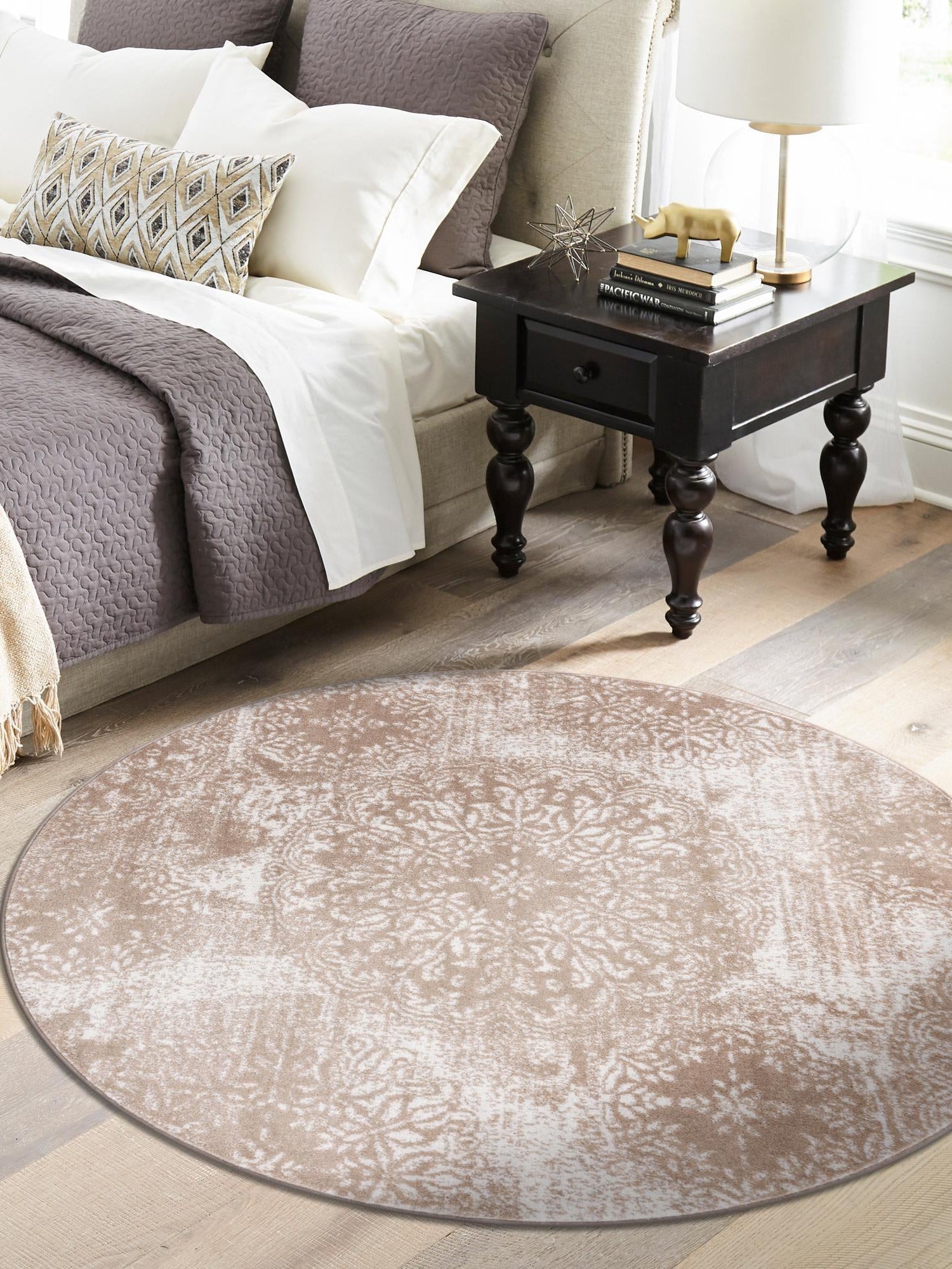 Beige 5' 3 x 5' 3 Sofia Round Area Rug Durable Easy Clean Stain Resistant Unique Carpet for Affordable Interior Home Design for Sale at Rug Engine