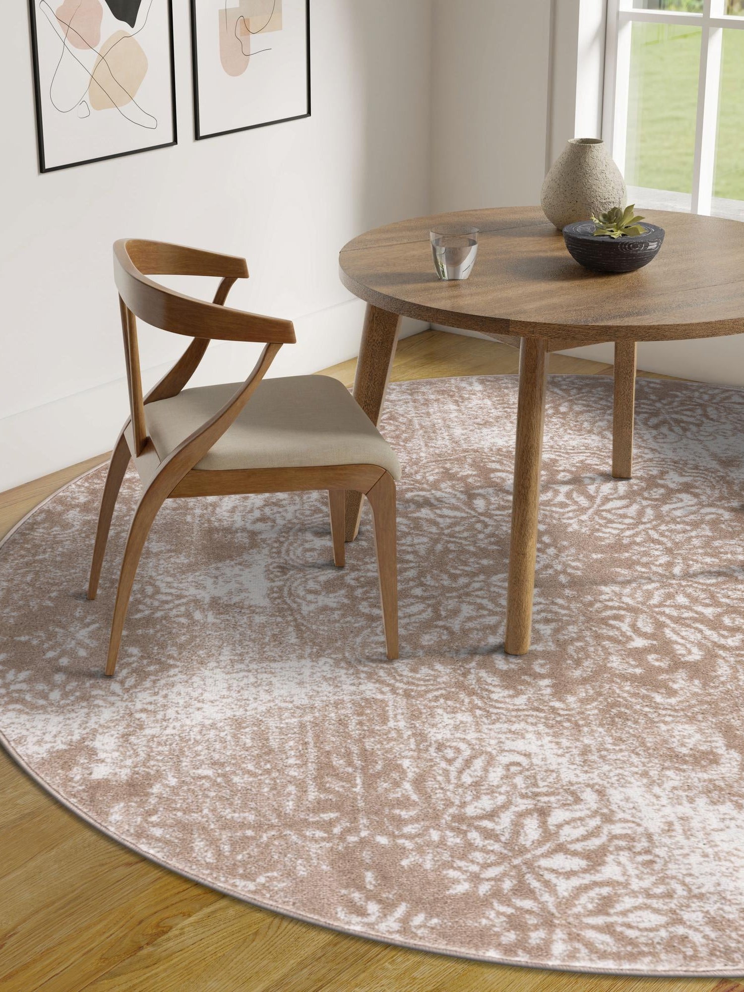 Beige 5' 3 x 5' 3 Sofia Round Area Rug Durable Easy Clean Stain Resistant Unique Carpet for Affordable Interior Home Design for Sale at Rug Engine