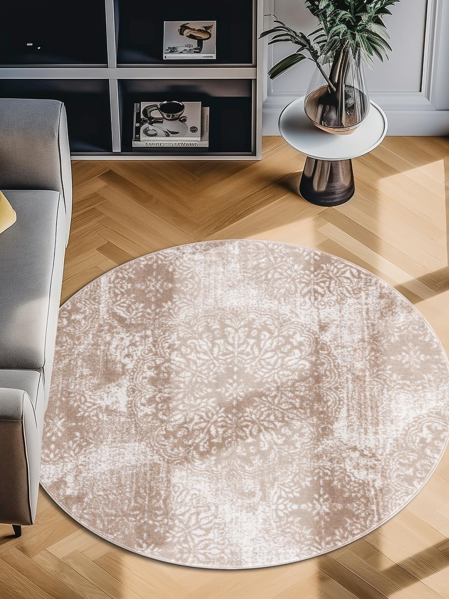 Beige 5' 3 x 5' 3 Sofia Round Area Rug Durable Easy Clean Stain Resistant Unique Carpet for Affordable Interior Home Design for Sale at Rug Engine