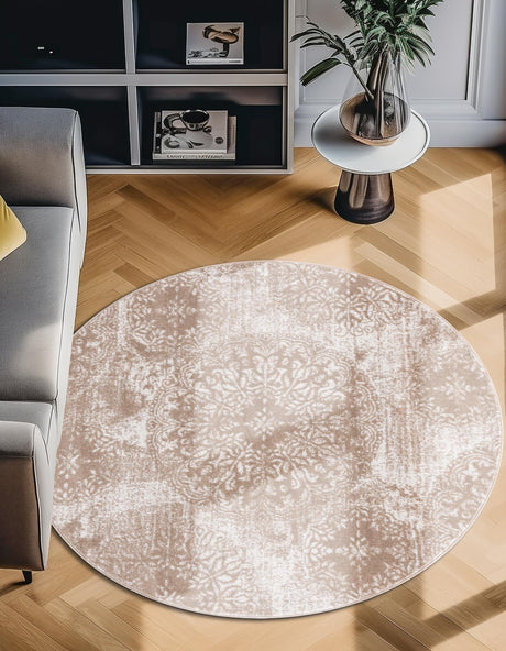 Beige 5' 3 x 5' 3 Sofia Round Area Rug Durable Easy Clean Stain Resistant Unique Carpet for Affordable Interior Home Design for Sale at Rug Engine