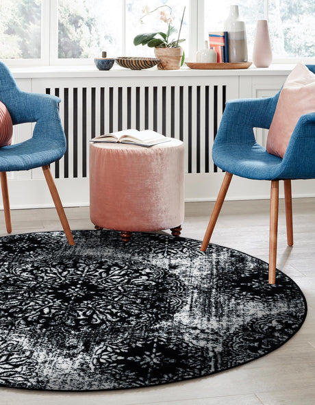 Black 5' 3 x 5' 3 Sofia Round Area Rug Durable Easy Clean Stain Resistant Unique Carpet for Affordable Interior Home Design for Sale at Rug Engine