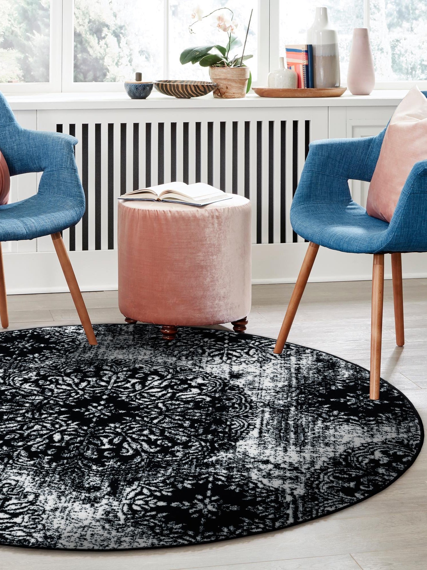 Black 7' 1 x 7' 1 Sofia Round Area Rug Durable Easy Clean Stain Resistant Unique Carpet for Affordable Interior Home Design for Sale at Rug Engine