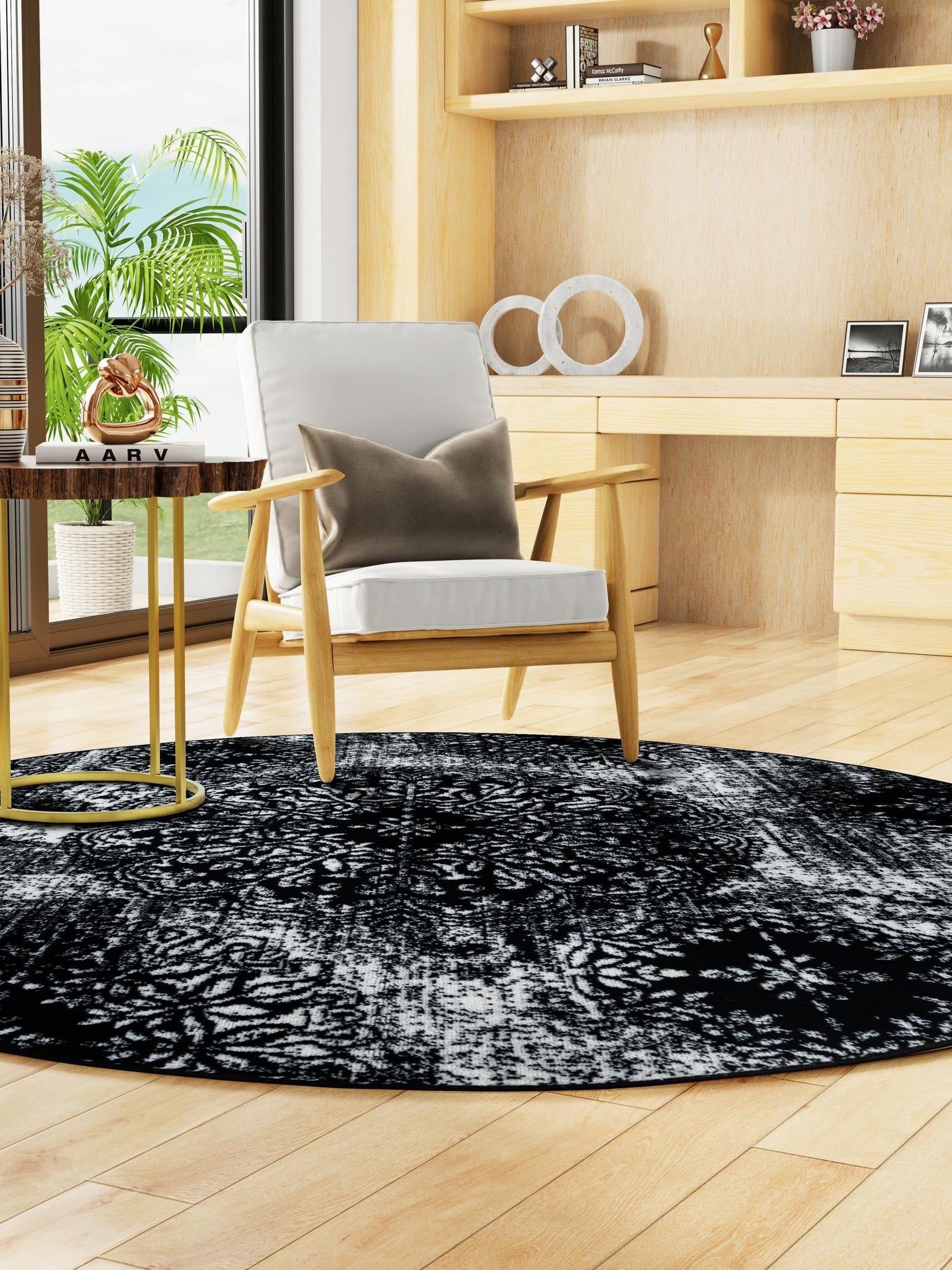 Black 7' 1 x 7' 1 Sofia Round Area Rug Durable Easy Clean Stain Resistant Unique Carpet for Affordable Interior Home Design for Sale at Rug Engine