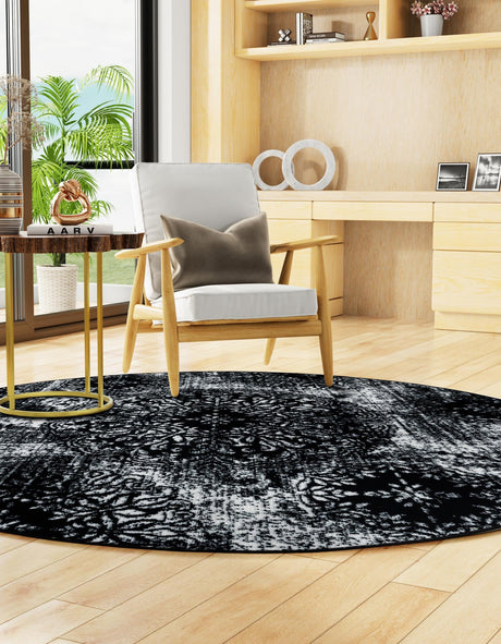Black 7' 1 x 7' 1 Sofia Round Area Rug Durable Easy Clean Stain Resistant Unique Carpet for Affordable Interior Home Design for Sale at Rug Engine