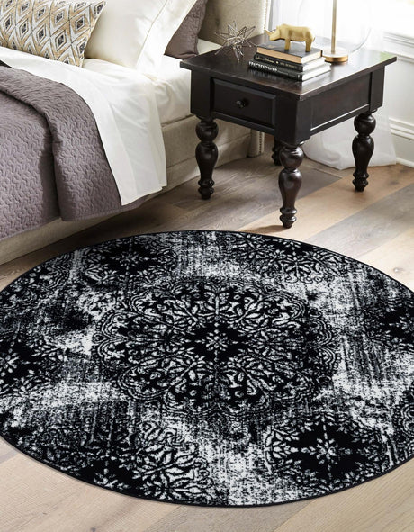 Black 5' 3 x 5' 3 Sofia Round Area Rug Durable Easy Clean Stain Resistant Unique Carpet for Affordable Interior Home Design for Sale at Rug Engine