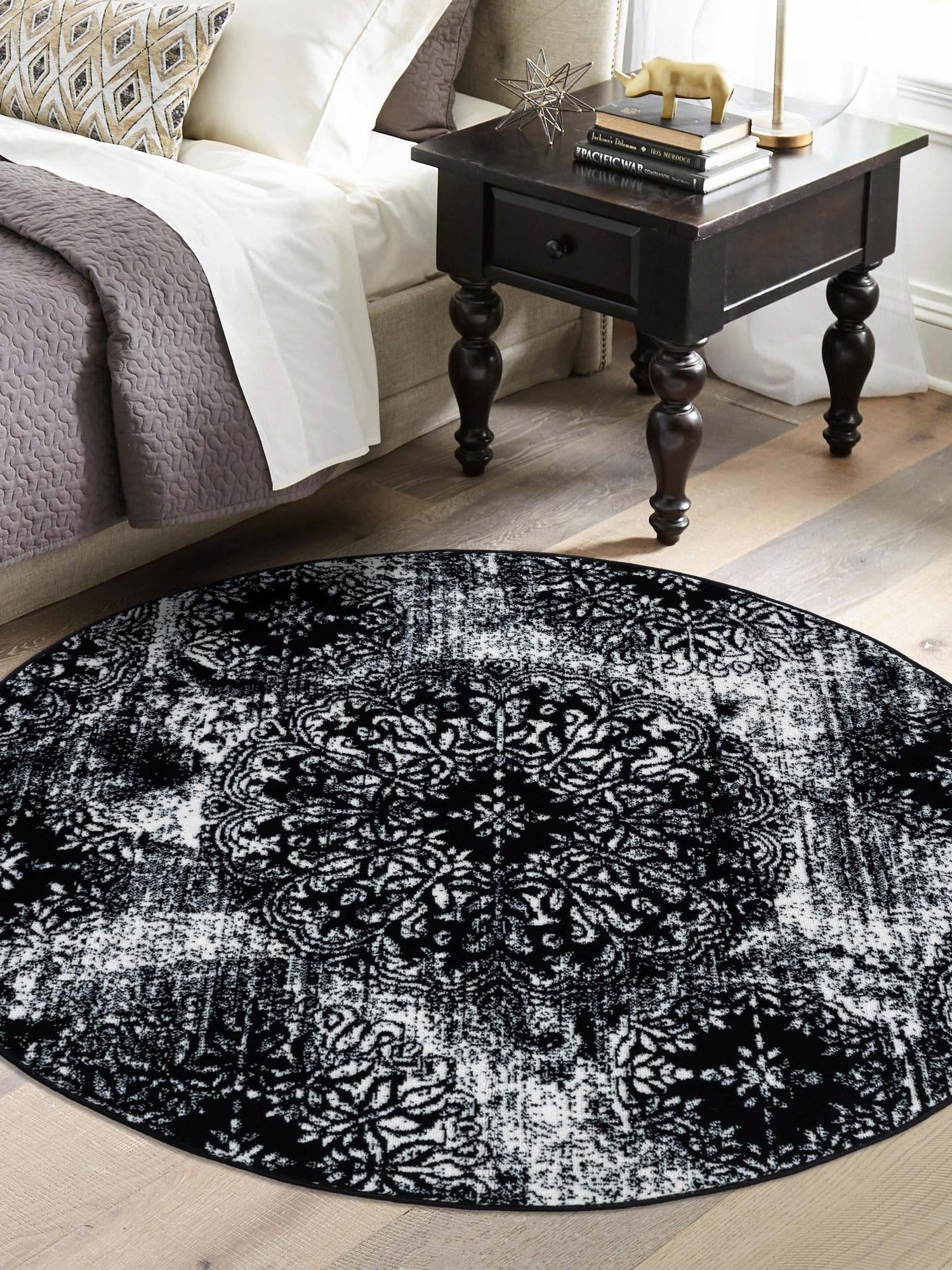Black 7' 1 x 7' 1 Sofia Round Area Rug Durable Easy Clean Stain Resistant Unique Carpet for Affordable Interior Home Design for Sale at Rug Engine