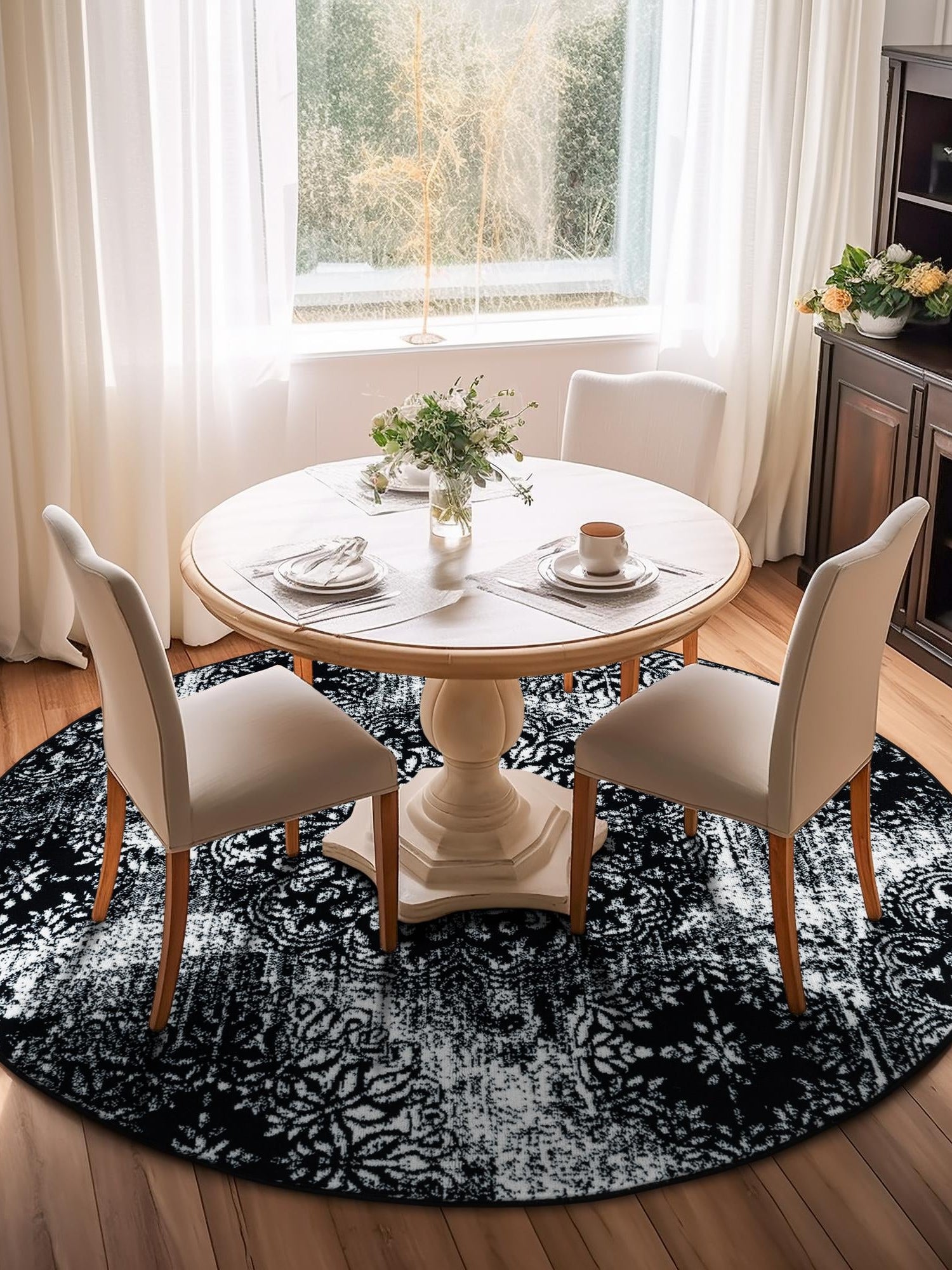 Black 7' 1 x 7' 1 Sofia Round Area Rug Durable Easy Clean Stain Resistant Unique Carpet for Affordable Interior Home Design for Sale at Rug Engine