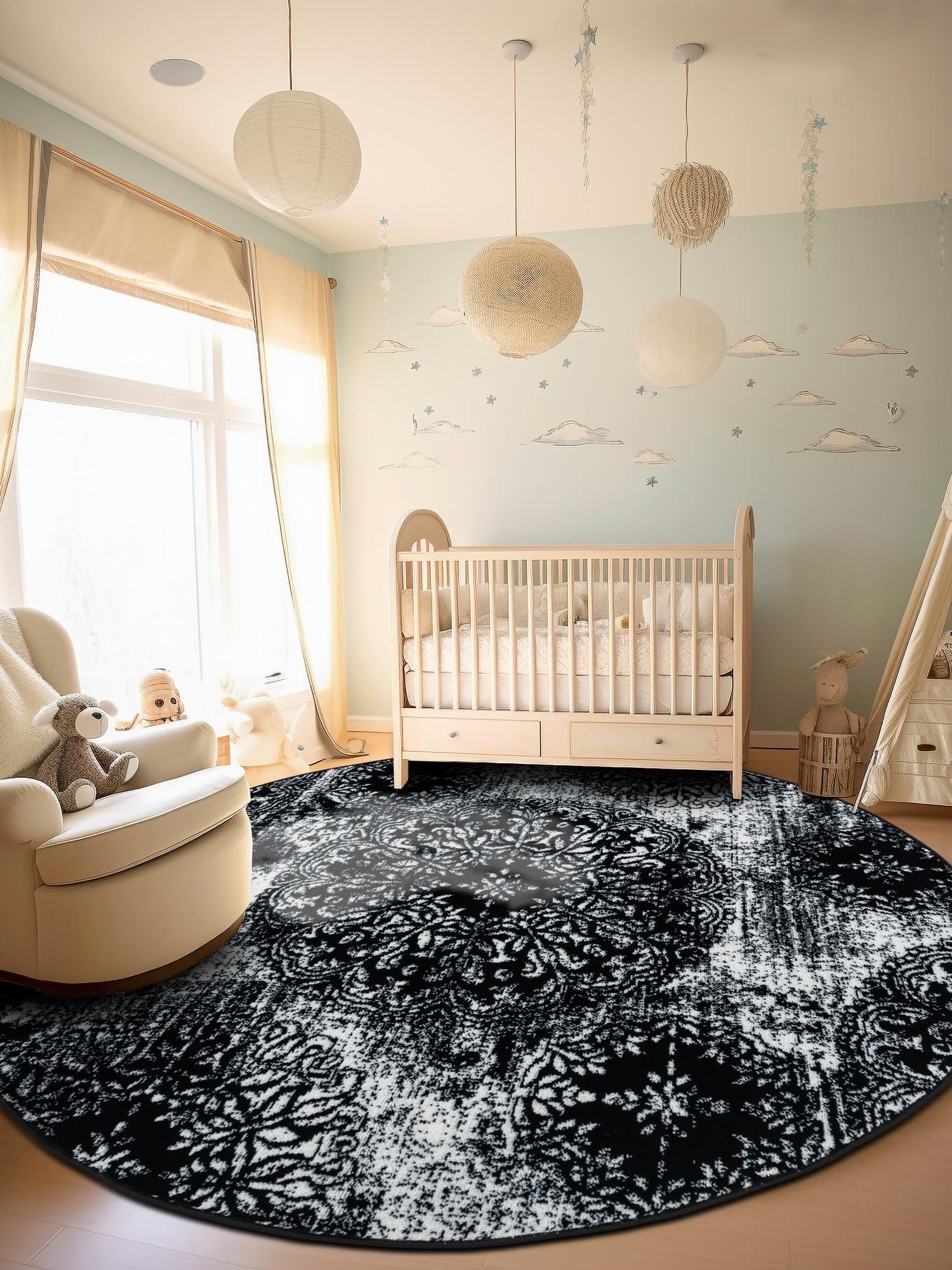 Black 7' 1 x 7' 1 Sofia Round Area Rug Durable Easy Clean Stain Resistant Unique Carpet for Affordable Interior Home Design for Sale at Rug Engine
