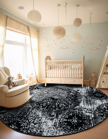 Black 7' 1 x 7' 1 Sofia Round Area Rug Durable Easy Clean Stain Resistant Unique Carpet for Affordable Interior Home Design for Sale at Rug Engine