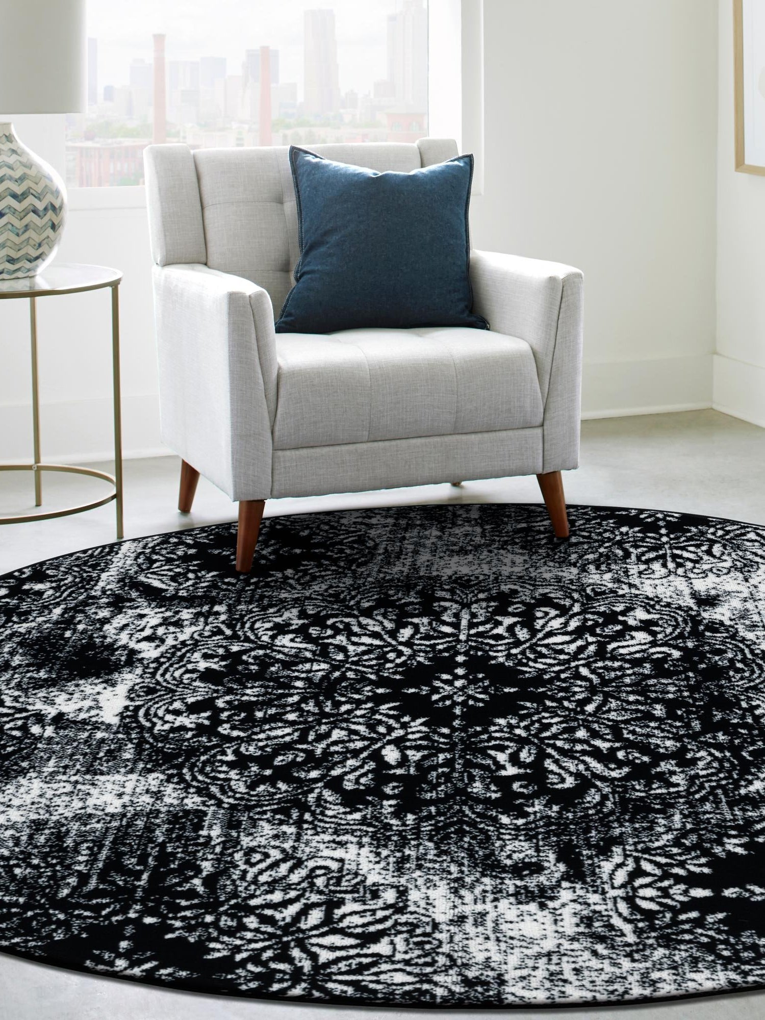 Black 7' 1 x 7' 1 Sofia Round Area Rug Durable Easy Clean Stain Resistant Unique Carpet for Affordable Interior Home Design for Sale at Rug Engine