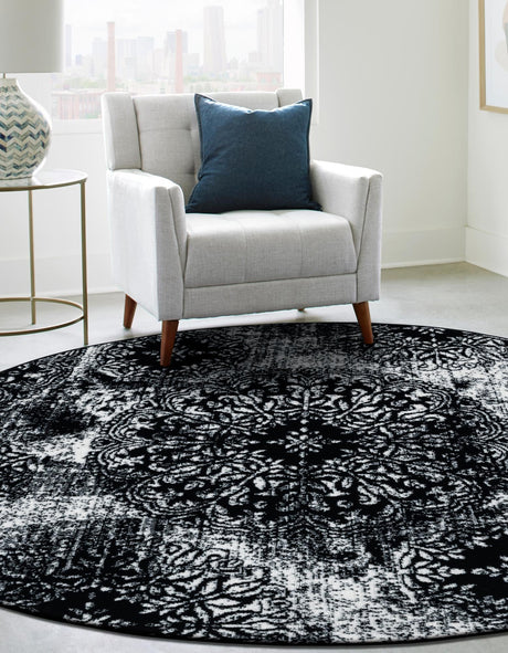 Black 7' 1 x 7' 1 Sofia Round Area Rug Durable Easy Clean Stain Resistant Unique Carpet for Affordable Interior Home Design for Sale at Rug Engine