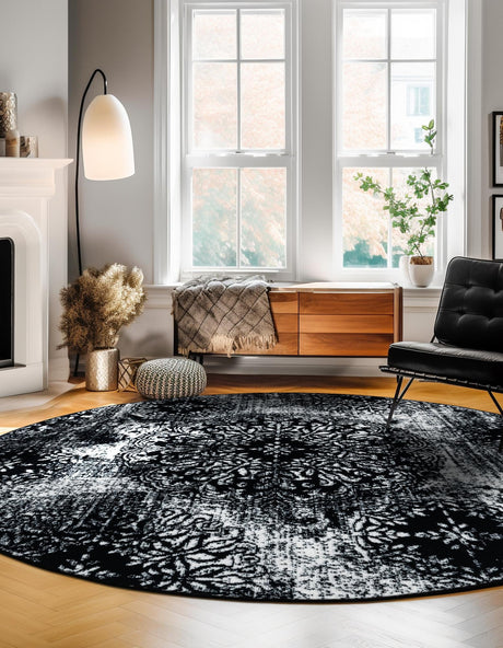 Black 7' 1 x 7' 1 Sofia Round Area Rug Durable Easy Clean Stain Resistant Unique Carpet for Affordable Interior Home Design for Sale at Rug Engine