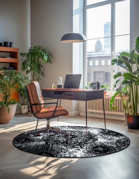 Black 7' 1 x 7' 1 Sofia Round Area Rug Durable Easy Clean Stain Resistant Unique Carpet for Affordable Interior Home Design for Sale at Rug Engine