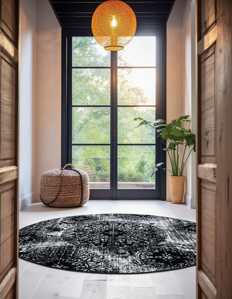 Black 7' 1 x 7' 1 Sofia Round Area Rug Durable Easy Clean Stain Resistant Unique Carpet for Affordable Interior Home Design for Sale at Rug Engine
