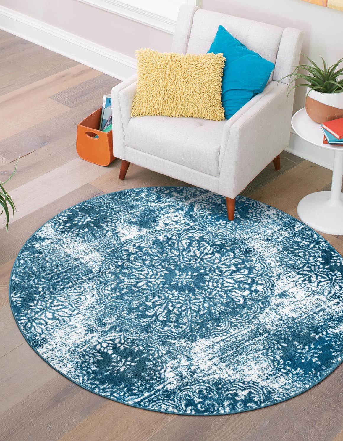 Blue 5' 3 x 5' 3 Sofia Round Area Rug Durable Easy Clean Stain Resistant Unique Carpet for Affordable Interior Home Design for Sale at Rug Engine