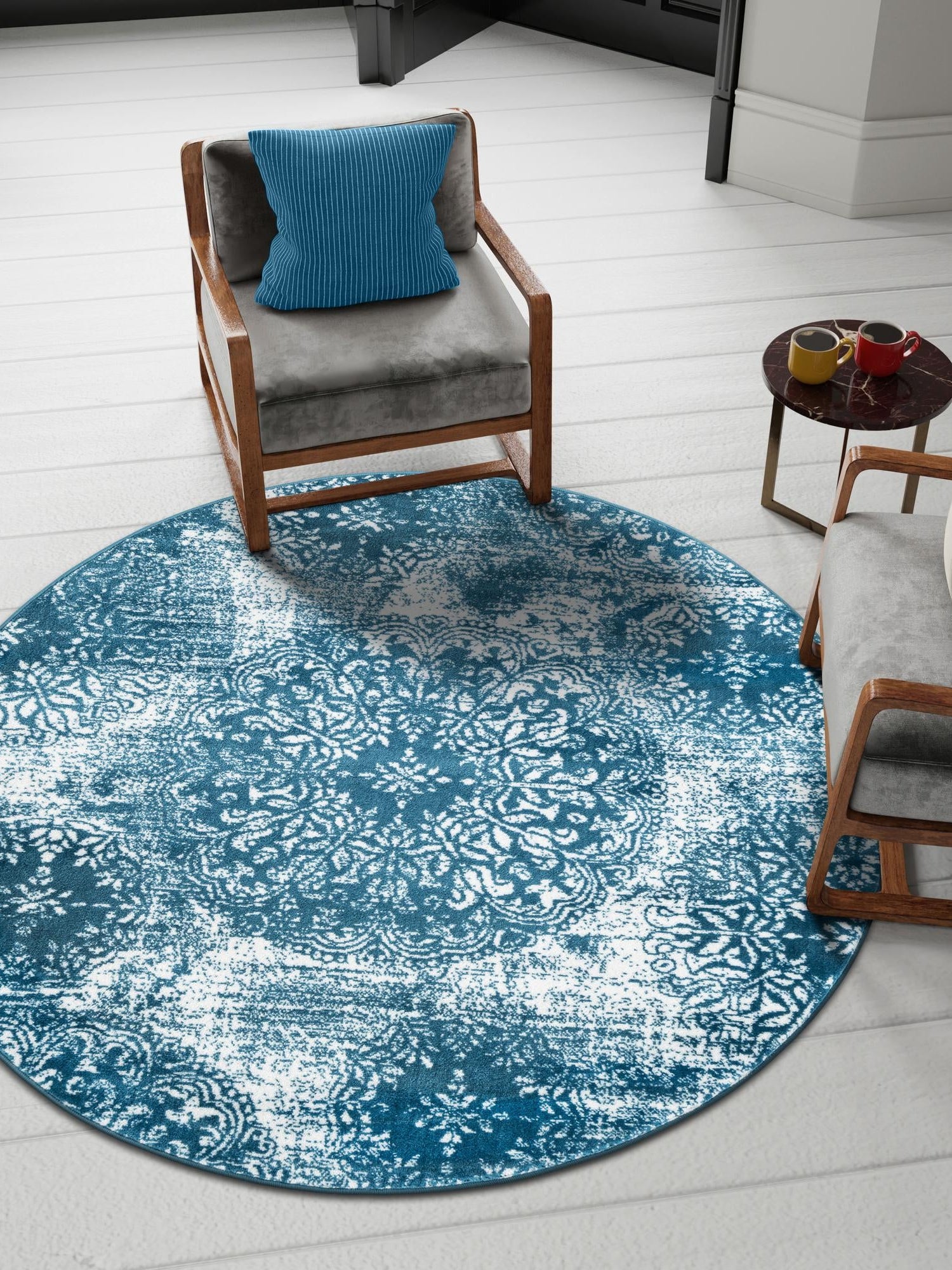 Blue 7' 1 x 7' 1 Sofia Round Area Rug Durable Easy Clean Stain Resistant Unique Carpet for Affordable Interior Home Design for Sale at Rug Engine